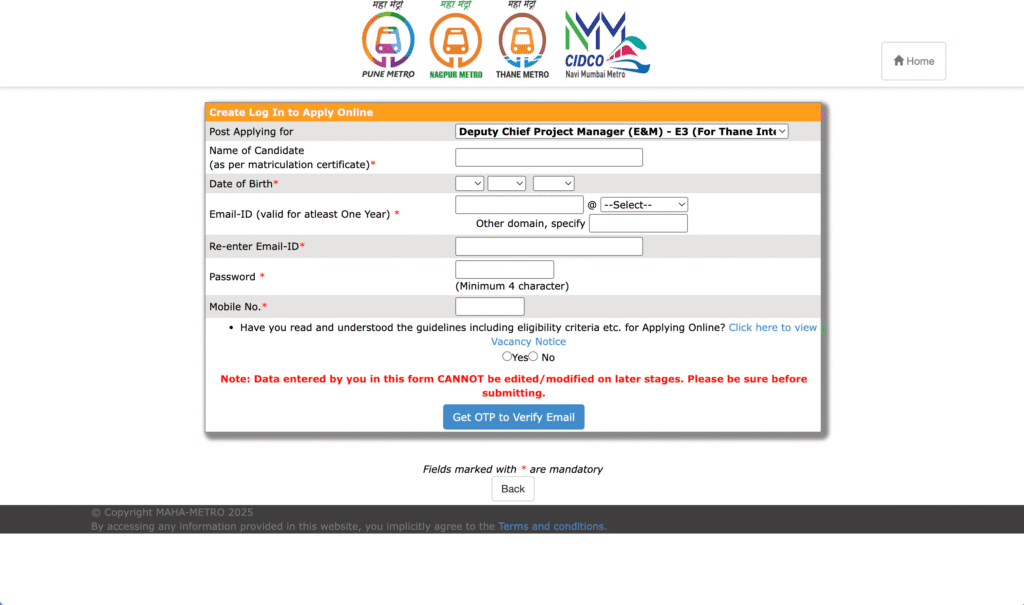 Maha Metro Vacancy 2025